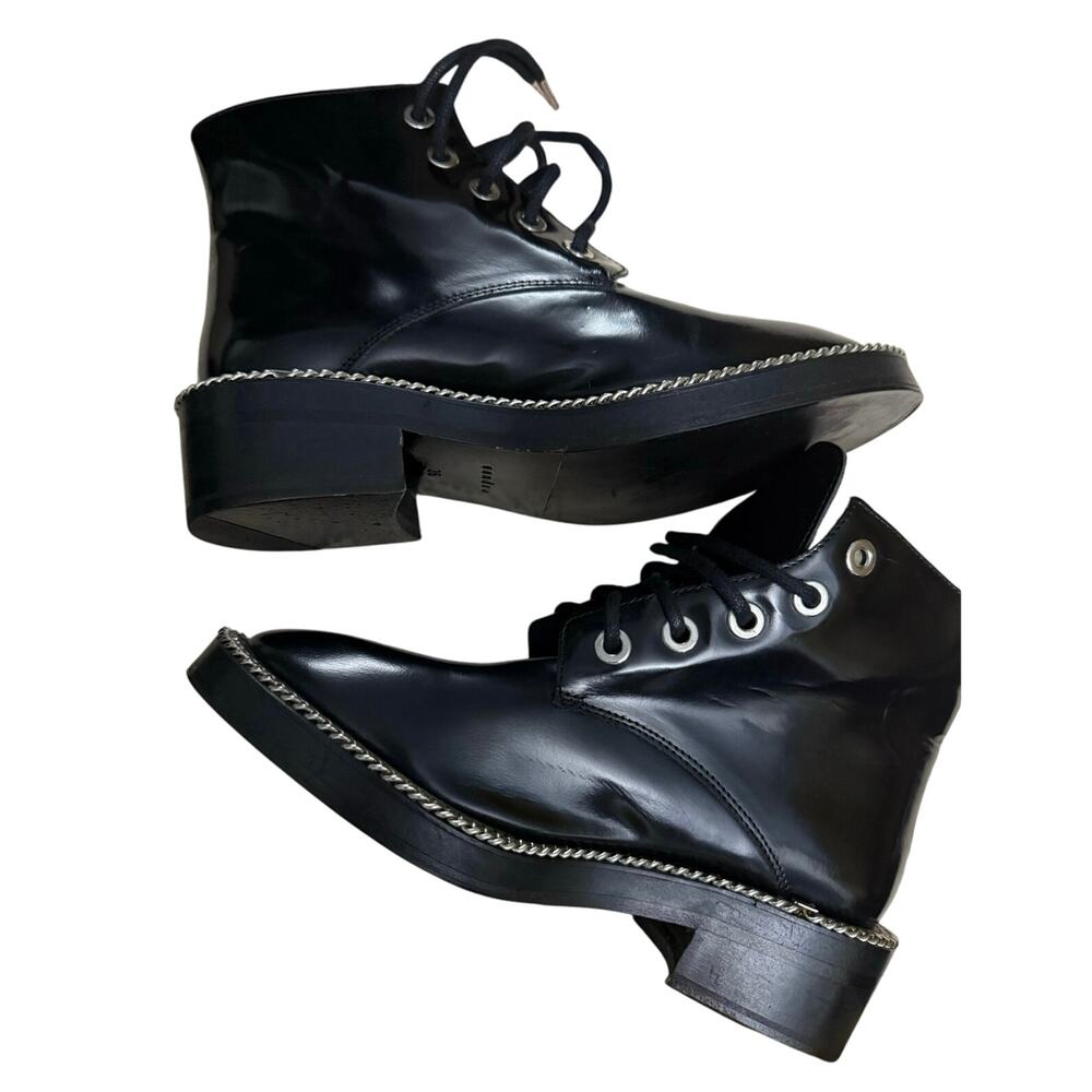 Sandro Paris Black Audrey Patent Leather Lace-Up Chain Trim Combat Boots Size 36